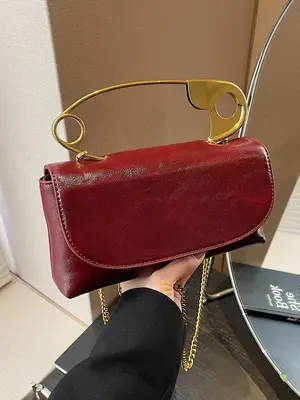 Women's Solid Color Chain Strap Crossbody Bag, Fashionable Pin Design Handle Bag for Daily Used, Casual Trendy Versatile High...
