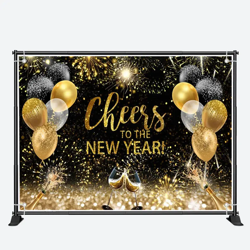 Cheers Sparkle Gold Black Balloon New Year Backdrop - Aperturee