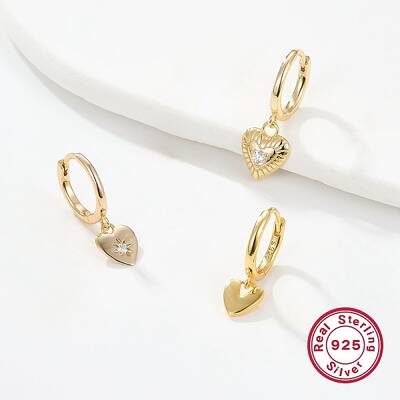 3 Pcs 3 Style Cubic Zirconia Heart Dangle Hoop Earrings for Women