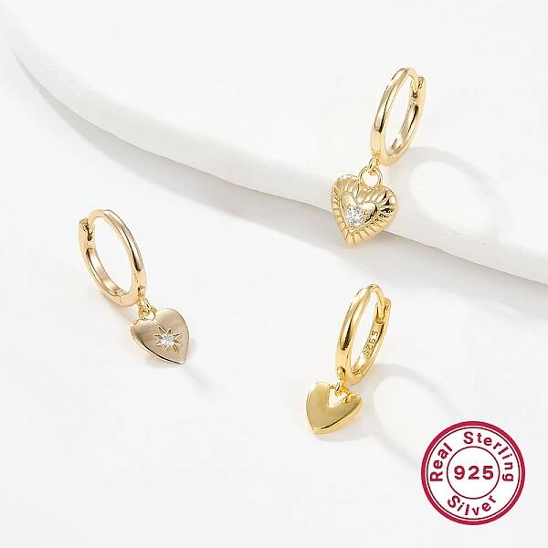 3 Pcs 3 Style Cubic Zirconia Heart Dangle Hoop Earrings for Women