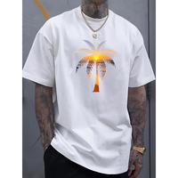 1pc Men'S Summer Casual Cotton T-Shirt with Sunset Coconut Tree Print, Crew Neck, Short Sleeve, Slight Stretch, Regular Fit, ...