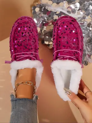 Women's Fashionable Contrast Sequin Design Plush Slip on Sneakers, Casual Comfortable Low Top Shoes for Daily Wear, Female Al...