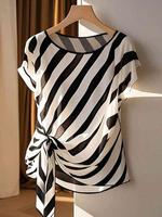 Women's Striped Print Tie Side Blouse, Casual Short Sleeve Round Neck Top for Summer, Ladies Clothes for Daily Wear