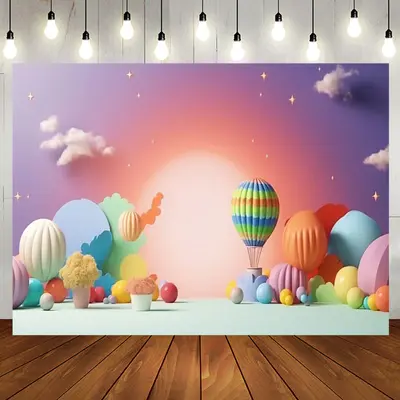 Colorful Hot Air Balloon Night Birthday Backdrop - Aperturee