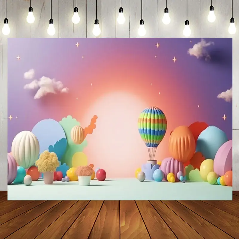 Colorful Hot Air Balloon Night Birthday Backdrop - Aperturee