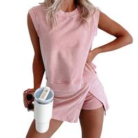 Mntaor Women's Casual Summer 2 Piece Mineral Wash Cotton Tank Top and Lined Split Skirt Set in Solid Color - Womenswear, Clot...
