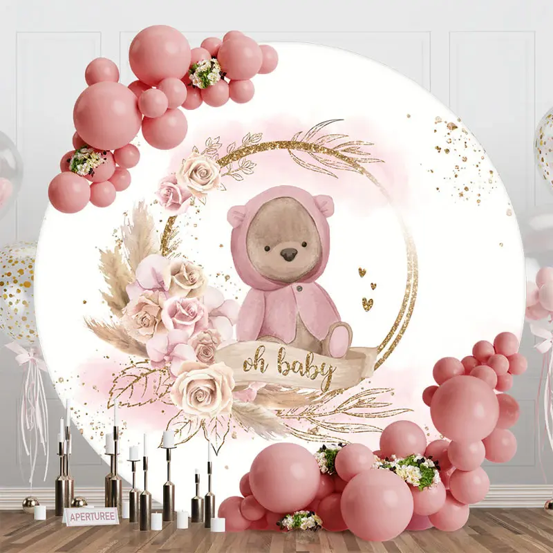White Pink Bear Floral Round Baby Shower Backdrop - Aperturee
