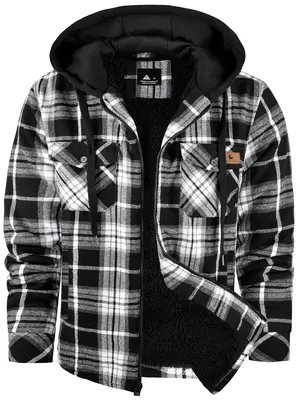Men's Regular Fit Plaid Print Patched Drawstring Zip Up Hooded Jacket, Casual Long Sleeve Pocket Thermal Lined Outerwear for...