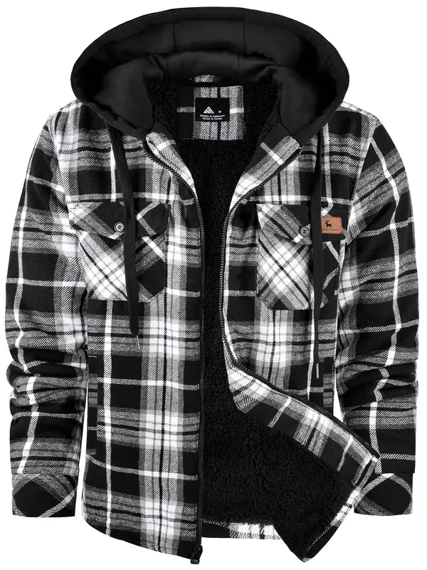 Men's Regular Fit Plaid Print Patched Drawstring Zip Up Hooded Jacket, Casual Long Sleeve Pocket Thermal Lined  Outerwear for...