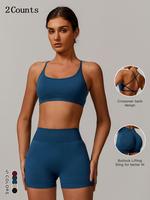 Women's Solid Crop Sports Bra & High Waist Shorts Set, Breathable Comfortable Sports Two-piece for Yoga Gym Workout Running, ...