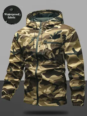 Men's Solid Pocket Drawstring Hooded Jacket, Regular Fit Zip Up Jacket, Stylish Outfit for Spring & Fall, Menswear, Men's ...