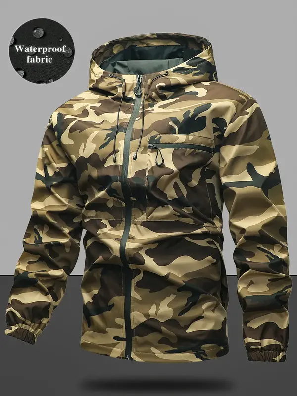 Men's Solid Pocket Drawstring Hooded Jacket, Regular Fit Zip Up Jacket, Stylish Outfit for Spring & Fall, Menswear, Men's ...