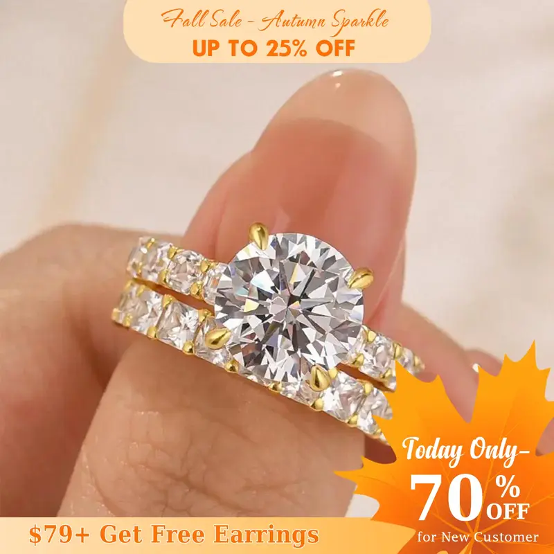 Effinny Jewelry Round Cut 4.0ct Wedding Ring Set, S925 Sterling Silver Promise Ring, 5A Cubic Zirconia Bridal Set Rings for W...