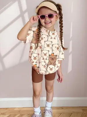 Girls Summer Set, Cute Cartoon Capybara Tee & Elastic Waist Shorts, Soft Skin-Friendly Fabric, Perfect Gift Idea, Casual Summ...
