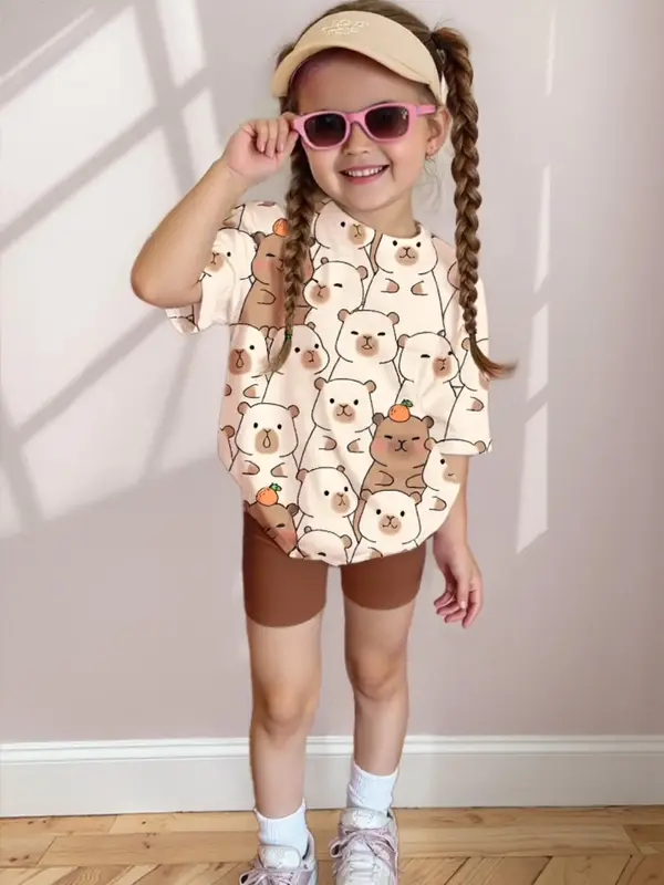 Girls Summer Set, Cute Cartoon Capybara Tee & Elastic Waist Shorts, Soft Skin-Friendly Fabric, Perfect Gift Idea, Casual Summ...