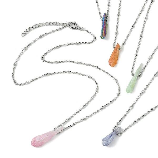 Electroplated Natural Quartz Crystal Prism Pendant Necklaces