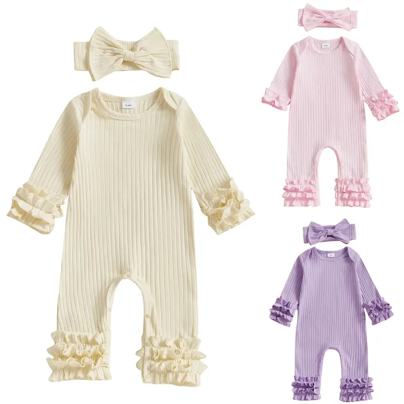 Newborn Baby Girls Coming Home Outfit Ribbed Knit Long Sleeve Ruffle Romper Pants  Jumpsuit with Headband Valentines Day Outf...