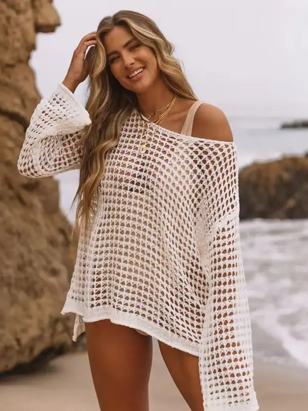 Women's Hollow Out Asymmetrical Neck Cover Up, Summer Clothes Women Solid Long Sleeve Top, Ladies Clothes for Beach Holiday