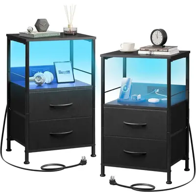 WLIVE Night Stand Set of 2 with Charger Station, Black Nightstand Sets with 2 Fabric Drawers and Storage Shelf, LED Bedside T...