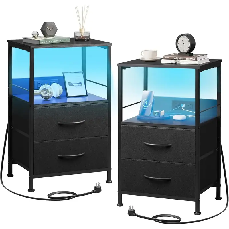 WLIVE Night Stand Set of 2 with Charger Station, Black Nightstand Sets with 2 Fabric Drawers and Storage Shelf, LED Bedside T...