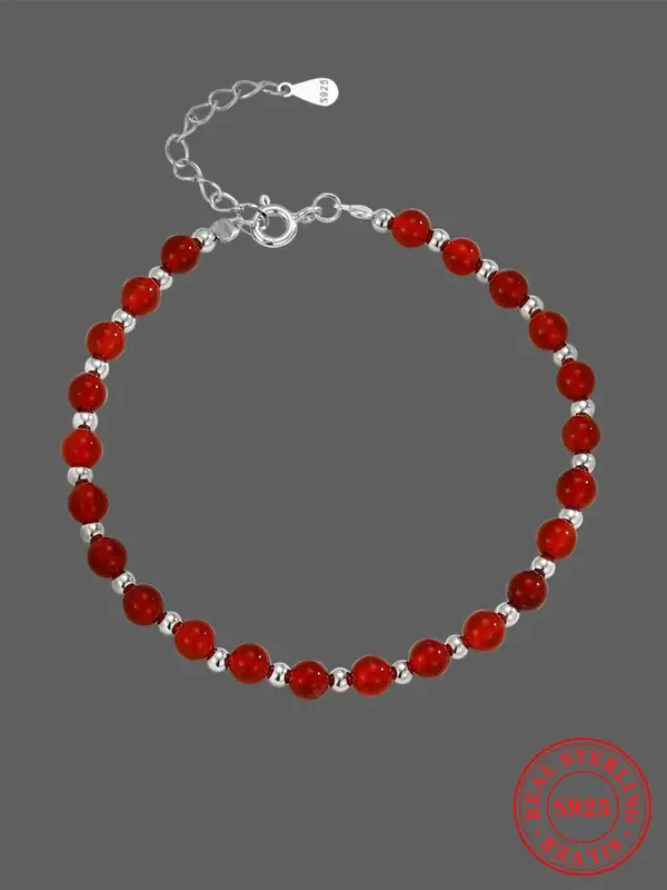 925 Sterling Silver Red Agate Decorated Bracelet, Fashionable Jewelry for Women & Girls, Trendy All-match & Exquisite Jewelry...