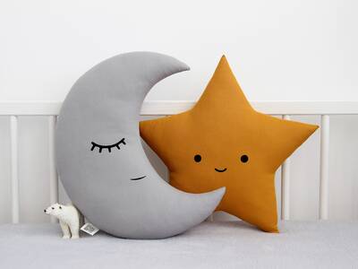 Set of 2 Pillows - Gray Crescent Moon Pillow and Mustard Star Pillow