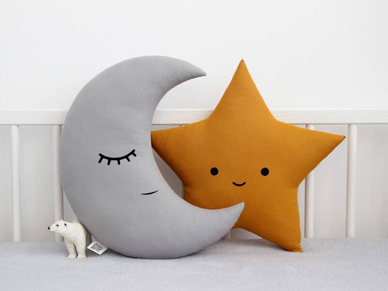 Set of 2 Pillows - Gray Crescent Moon Pillow and Mustard Star Pillow