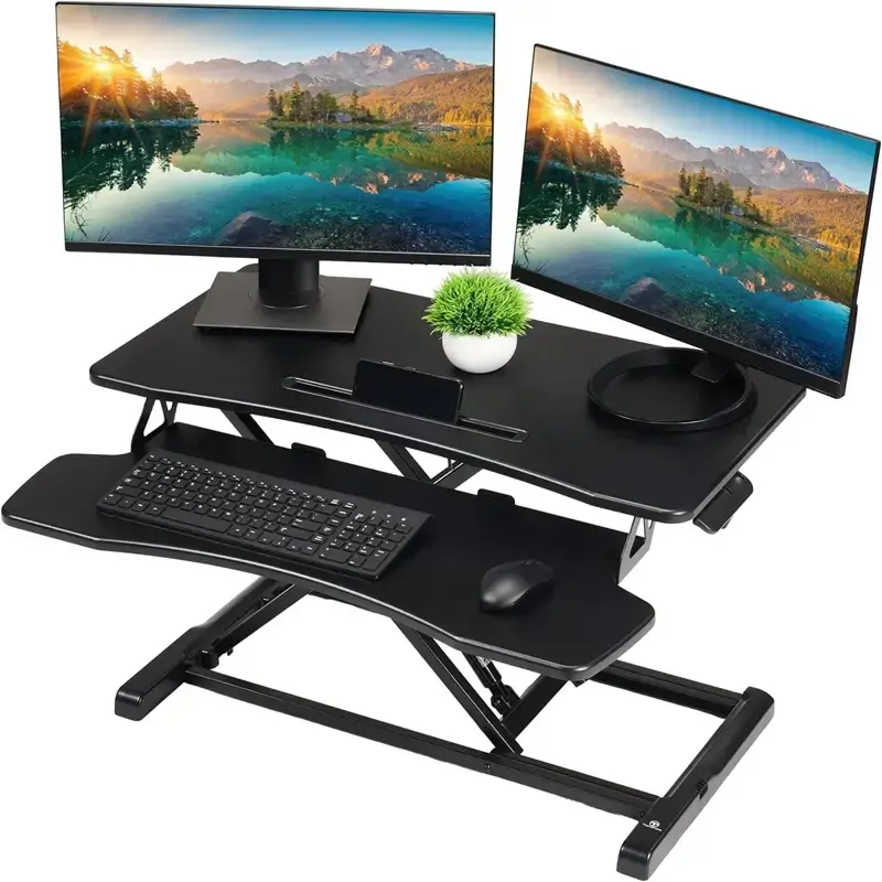 32-Inch Dual Monitor Electric Standing Desk Converter with Removable Keyboard Tray, Height Adjustable Standing Computer Desk ...
