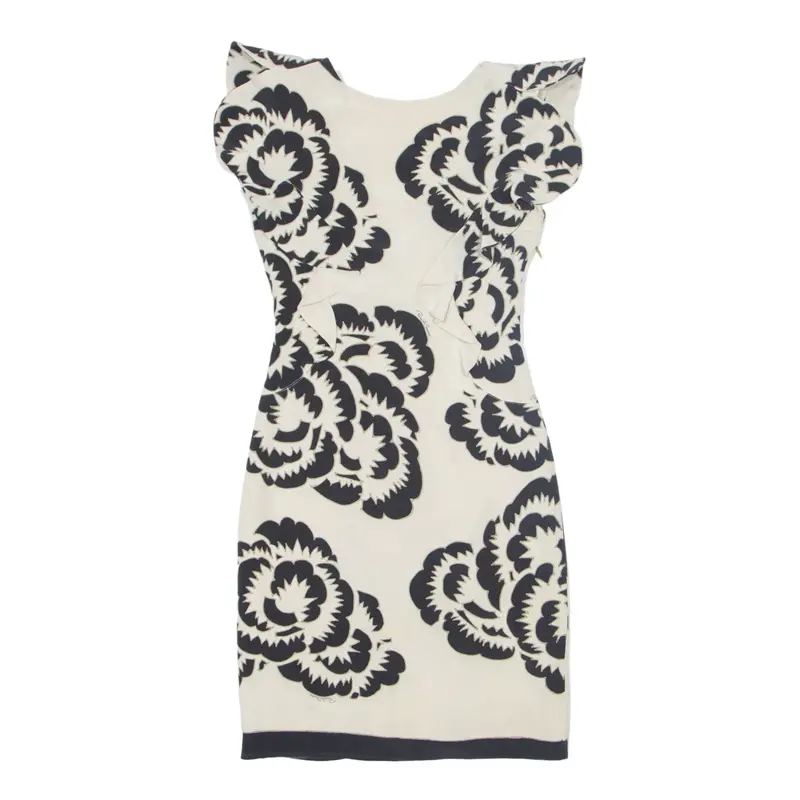 ROBERTO CAVALLI Ruffle Monochrome Pencil Dress Cream Floral Sleeveless Knee Length Womens UK 8