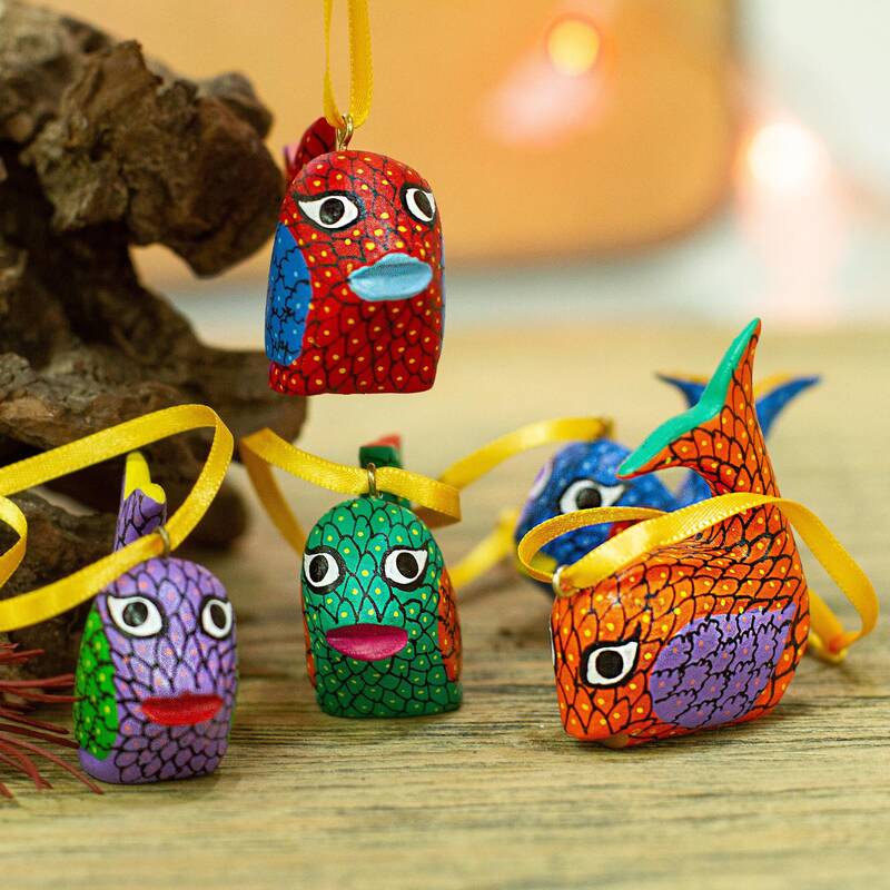 NOVICA Sweet Whales Painted Wood Alebrije Whale Ornaments (Set of 5) from Mexico