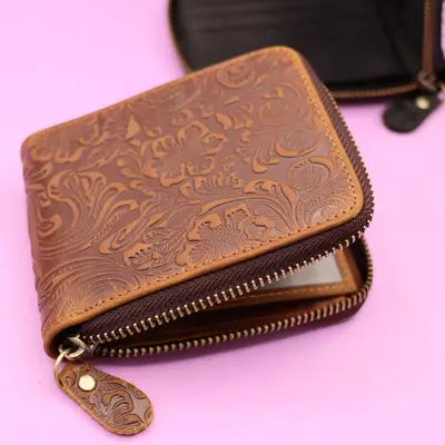 Small Flower Zipper Leather Wallet , Real Leather, Same Day Shipping, Free Shipping US