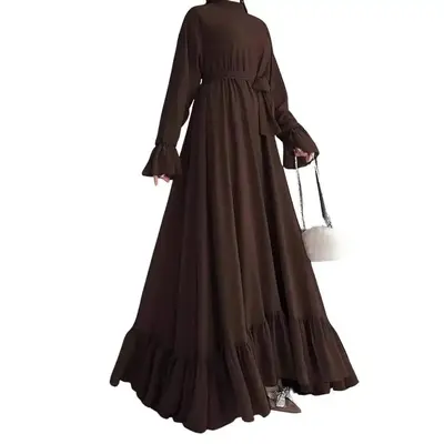 Muslim Chiffon Solid Color Long Waistband Elegant Dress with Comfortable Fit