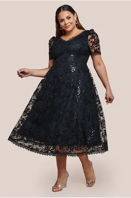 Goddiva Plus Sequin Lace Short Sleeve A-Line Midi Dress - Black