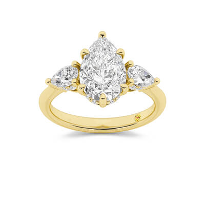 Celestia Three Stone Hidden Halo Pear Shape Lab Grown Diamond Engagement Ring | 18K Yellow Gold 2 5/8 CT. TW.