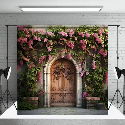 Aperturee Pink Floral Leaves Vine Door Spring Photo Backdrop | Spring Photo Back Drop | Spring Backdrops For Photography | Sp...