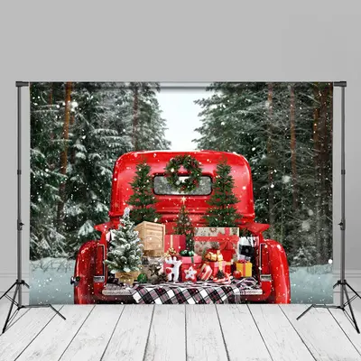Red Truck Presents Snowy Christmas Tree Backdrop - Aperturee