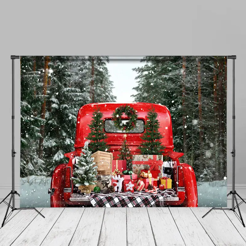 Red Truck Presents Snowy Christmas Tree Backdrop - Aperturee