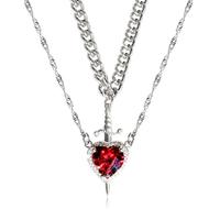 Sword and Heart Necklace with Red Crystal - Cuban Link Chain for Adults - Perfect Gift for Couples, Girlfriends & Friends