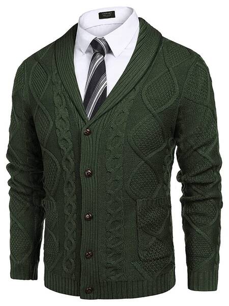 Shawl Collar Button Down Knitted Sweater with Pockets (US Only), Army Green / XXXL