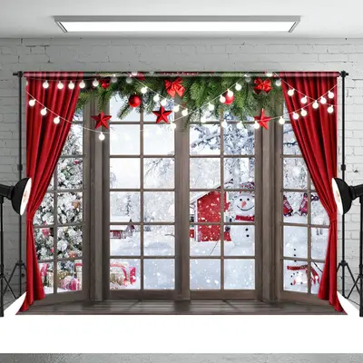 Red Curtain Window Snowman Christmas Tree Backdrop - Aperturee