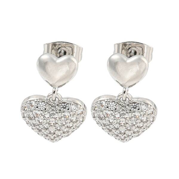 Heart Brass Pave Clear Cubic Zirconia Dangle Stud Earrings
