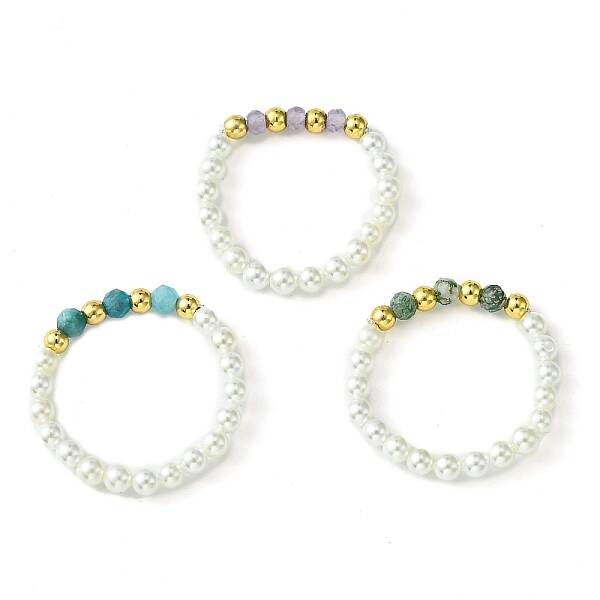 3Pcs 3 Style Natural Pearl & Moss Agate & Apatite Beaded Stretch Rings