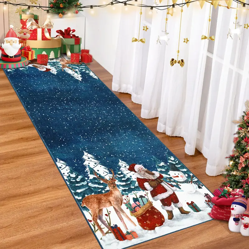 Garvee Christmas Blue Washable Runner Rug 2x8 Entryway Runner Rug Non Slip Christmas Low Pile Santa Claus Xmas Kitchen Runner...