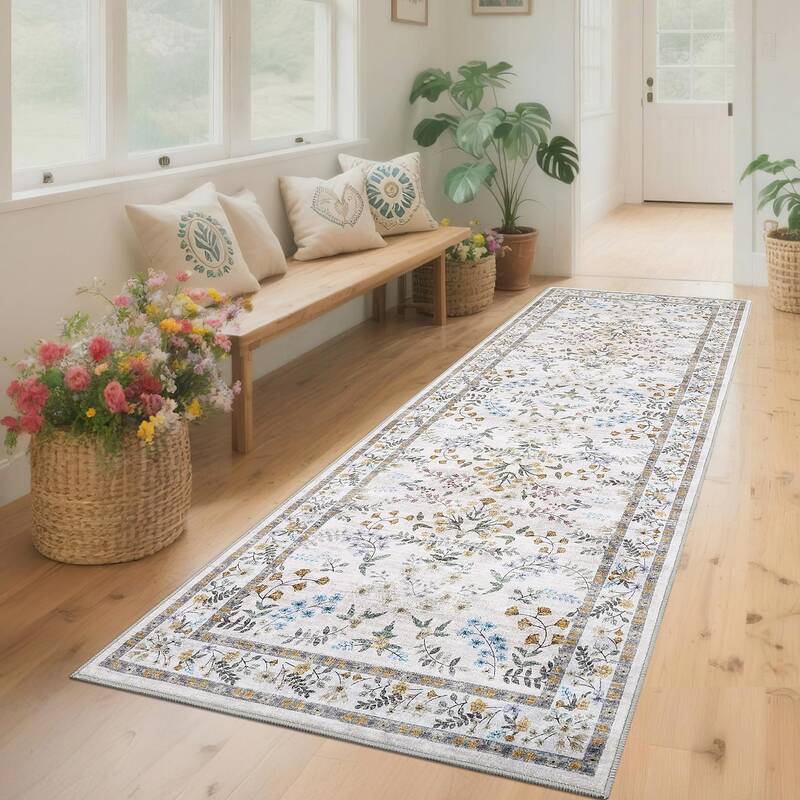 Garvee Floral Runner Rug 2x6 Non-Slip Low Pile Polyester Washable Farmhouse Style for Hallway Bedroom Living Room
