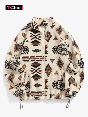 Women's Ethnic Pattern Drawstring Zip Up Coat, Casual Fashion Cozy Mock Neck Drop Shoulder Long Sleeve Outerwear For Daily We...