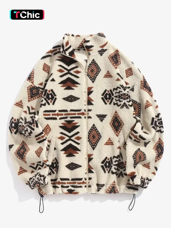 Women's Ethnic Pattern Drawstring Zip Up Coat, Casual Fashion Cozy Mock Neck Drop Shoulder Long Sleeve Outerwear For Daily We...