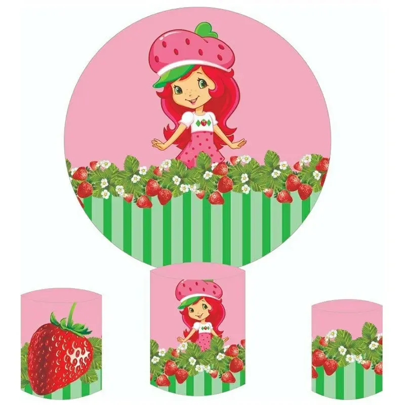 Aperturee Pink Strawberry Girl Round Happy Birthday Backdrop Kit | Custom Round Backdrop | Round Backdrop Fabric Cover | Birt...