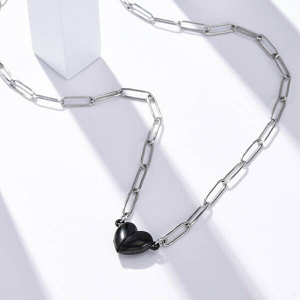 304 Stainless Steel Double-Sided Magnetic Heart Pendant Paperclip Chain Necklaces