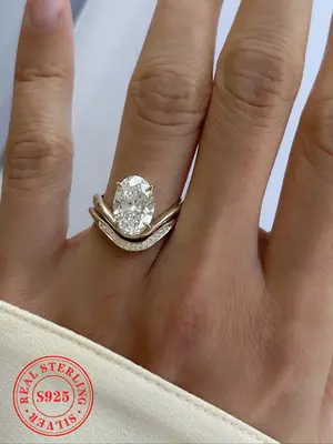 S925 Sterling Silver Oval Shaped Artificial Zircon Ring Set, Luxury Engagement Ring Set, Fashion Jewelry Accessories for Wome...