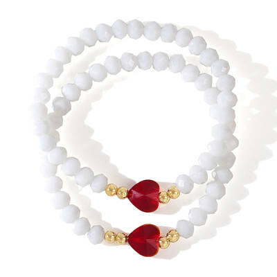 2Pcs Red Peach Heart Glass Beaded Stretch Bracelets for Women